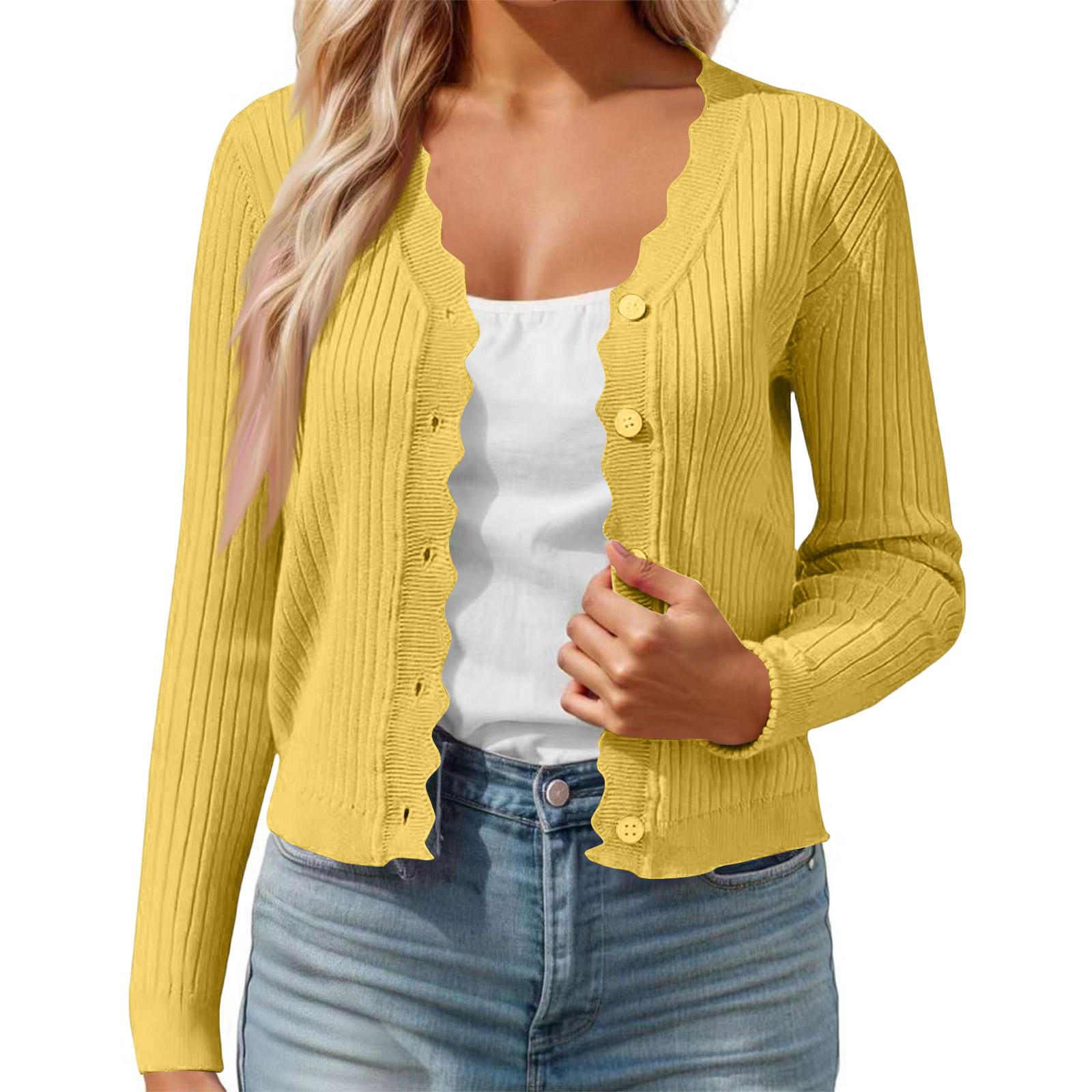 

Women s Color Casual Cardigan With Fungus Edge V-neck Thin Short Knit Jacket XL жовтий
