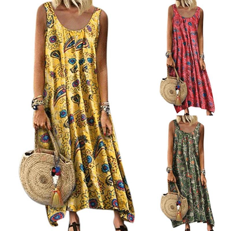 Elegant Womens Summer Sleeveless Holiday Long Boho Kaftan Tank Dress For Beach