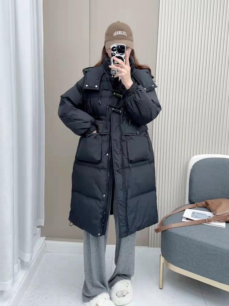 Anti-season autumn and winter new down jacket women's Chinese knot medium and long over the knee hooded waist thickened design sense niche