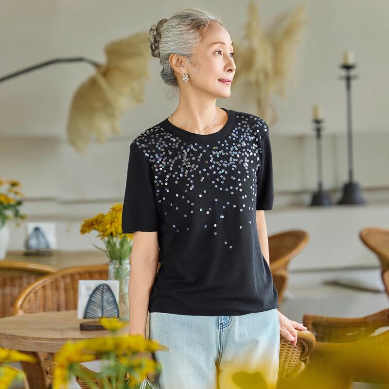 Women s Summer Sequin Ice Silk Knit Short-Sleeve Top M