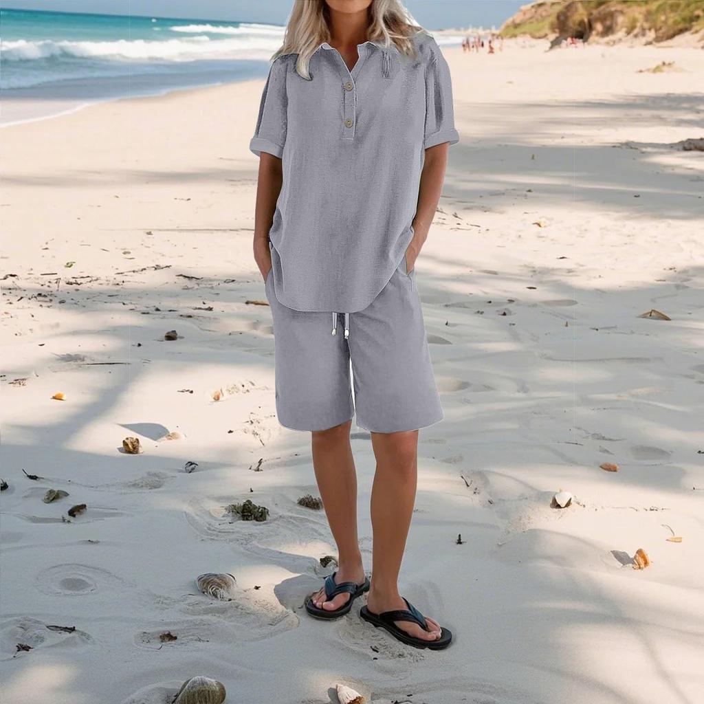 Women's Casual Pants Set Fashion Women's Shirt Soild Two Piece Set