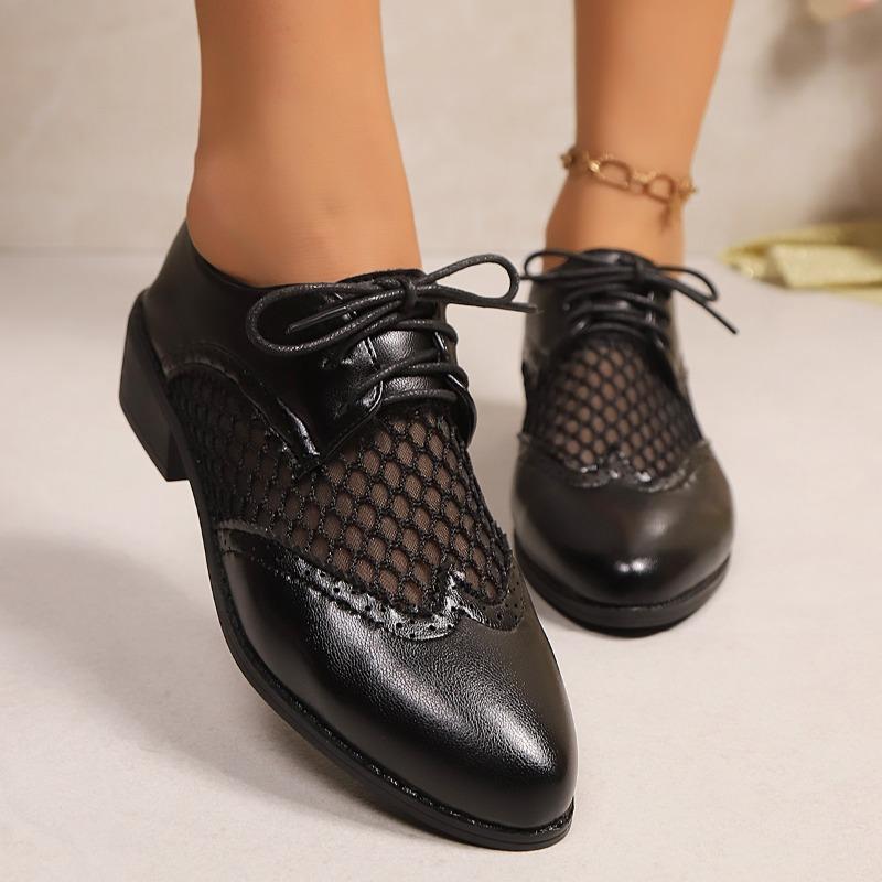 Fashion Summer Casual Square Heel Low Top Single Shoes Women's Paneled Mesh Lace-Up Levelless Deep Mouth Plus Size Women's Shoes