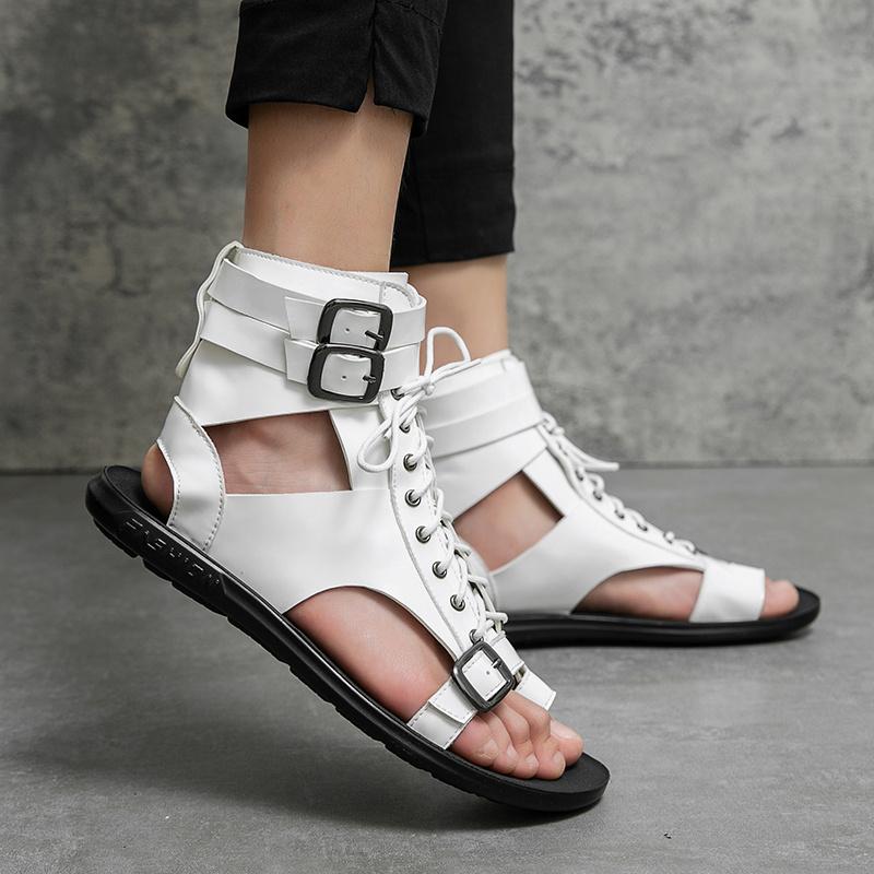 Hot Sale Luxury Men Roman Sandals Designer White Flat Sandals Men Open-toe Summer Shoes Man Comfortable Lace-up Leather Sandals