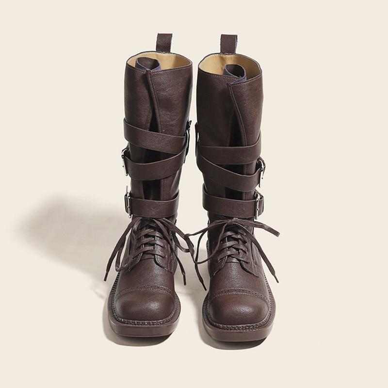 Fashion Punk Style Mid-Calf Motorcycle Boots Women Cool Buckle Design Chunky Platform Botas Leather Ankle Boots for Women Botas Mujer