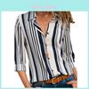Elegante Camiseta de Mujer Otoño Rayas Florales Botones Cuello en V Manga Larga Blusa Casual