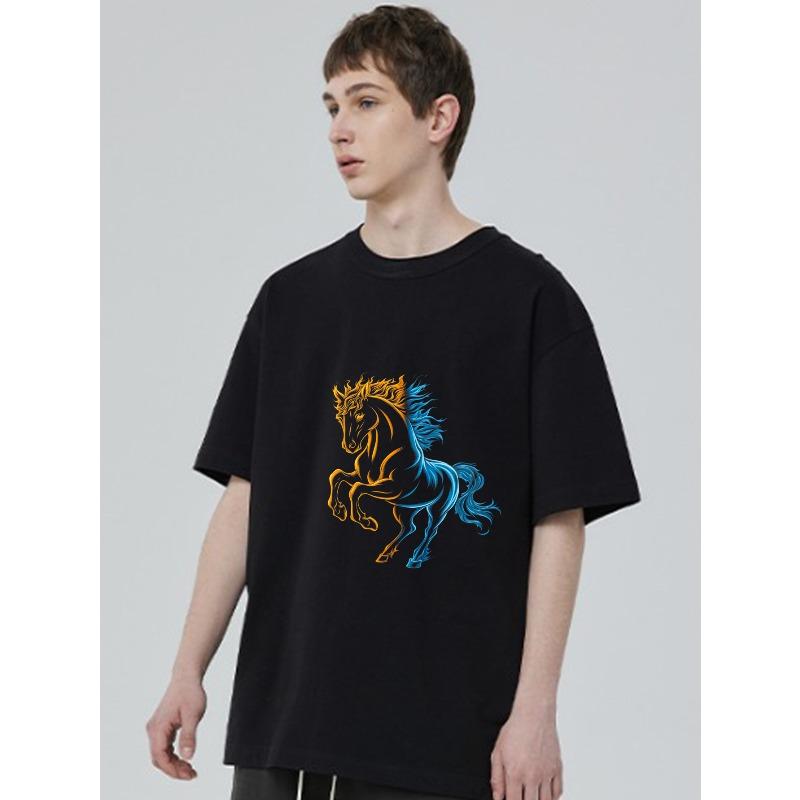 Men's Black T-Shirt With Fire And Ice Horse Graphic Design For Casual Wear