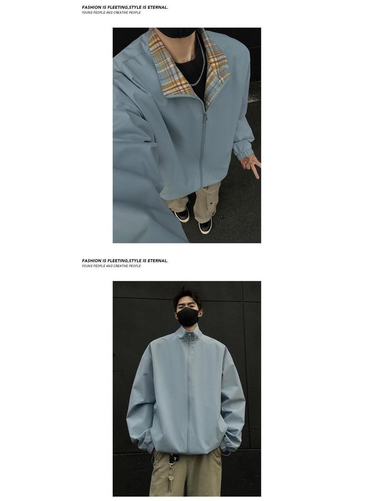 Men's Fall/Winter Plaid Patchwork Stand Collar Jacket - Trendy American High Street Style, Cool & Loose Lapel Coat