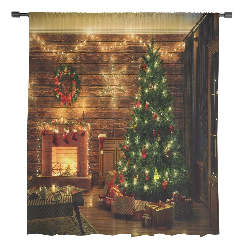 Christmas Room Christmas Tree Fireplace Tulle Sheer Window Curtains for Living Room Bedroom Modern Voile Organza Curtains Drapes