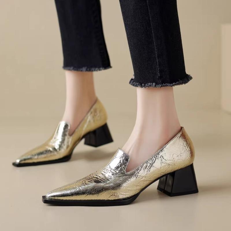 

Весна Новый Стиль Туфли на Грубом Каблуке Женские Остроносые Кожаные Водонепроницаемые Нескользящие Туфли с Низким Верхом Zapatos Mujer 40 золотой