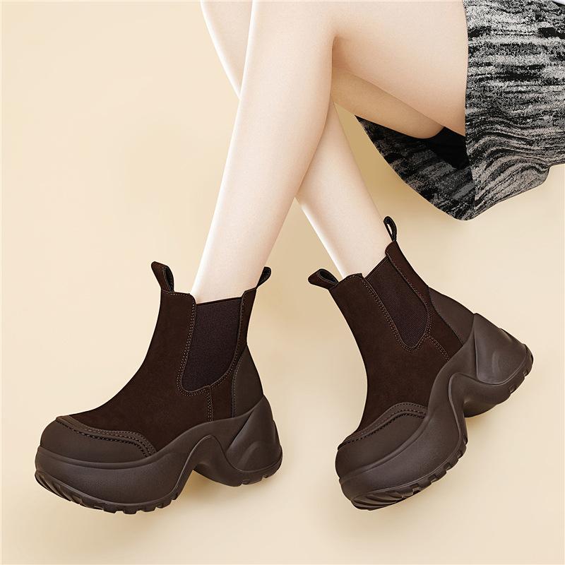 Herbst und Winter neue Plateau-Stiefeletten mit hohem Absatz vielseitig höhenverstellbare kurze Stiefel Patchwork-Samt-Zigarettenstiefel Baumwollschuhe