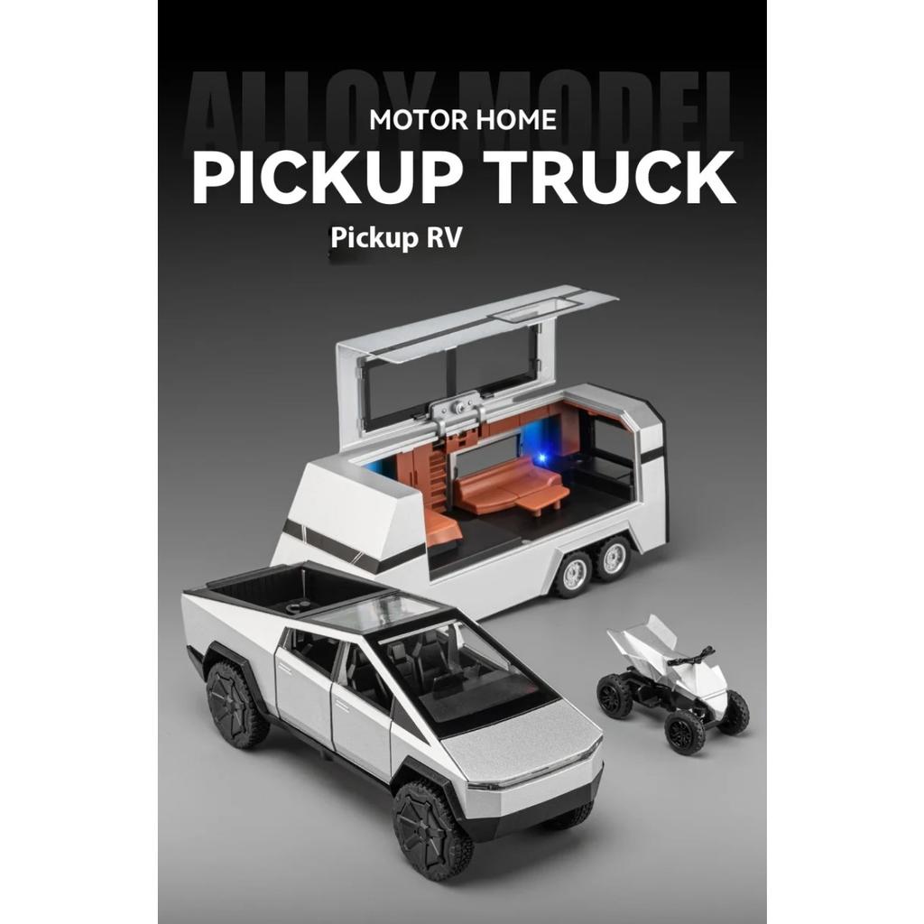 1/32 Scale Tesla Cybertruck Pickup Trailer RV Metal Alloy Toys Car Model Diecast Off-road Vehicle Gift for Boys Kids Collection Truck Ornaments