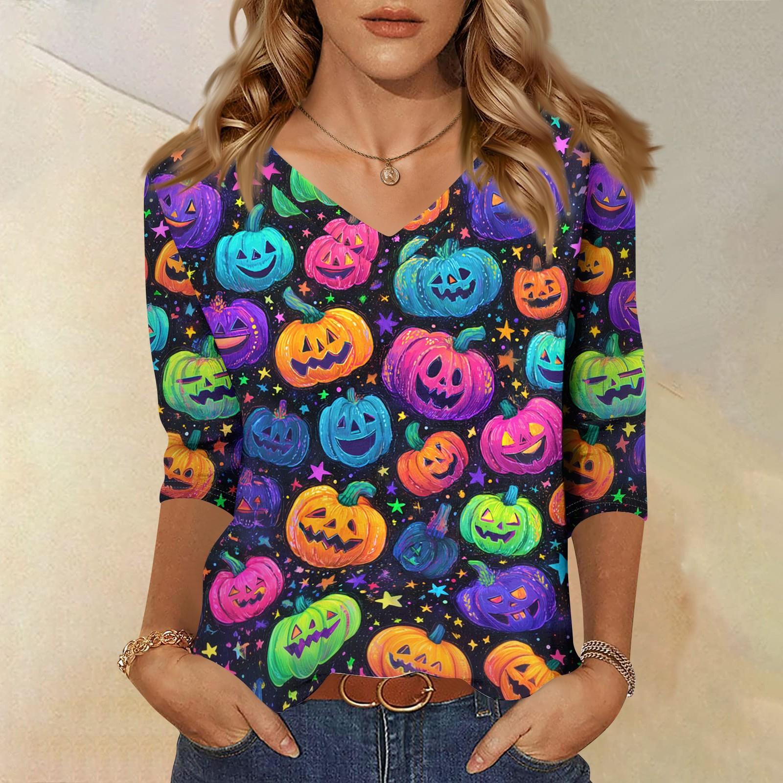 

Women s Halloween Print V Neck Three Quarter Sleeve Casual Top Lightweight Comfortable Fit Seasonal Shirt for Fall and Everyday Wear XL жовтий