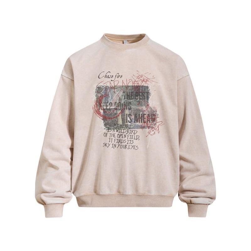 Mens Oversized Streetwear Hoodie Cotton Blend Graphic Print Washed Vintage Crewneck Sweatshirt Fall