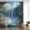 1Pc Fantasy Waterfall Shower Curtain - Vibrant Tropical Landscape With Pink Flamingo & Majestic Deer, Machine Washable Polyester