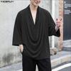 INCERUN Oversized Summer Men Swing Neck 3/4 Sleeve Casual Ruffled T-shirts Tee Tops
