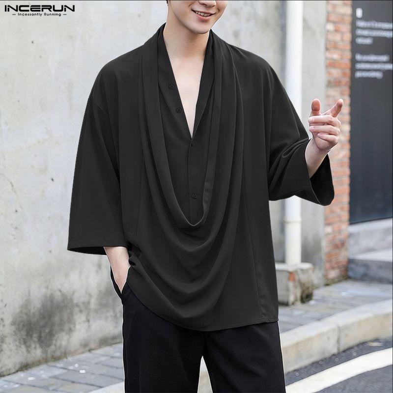 INCERUN Oversized Summer Men Swing Neck 3/4 Sleeve Casual Ruffled T-shirts Tee Tops