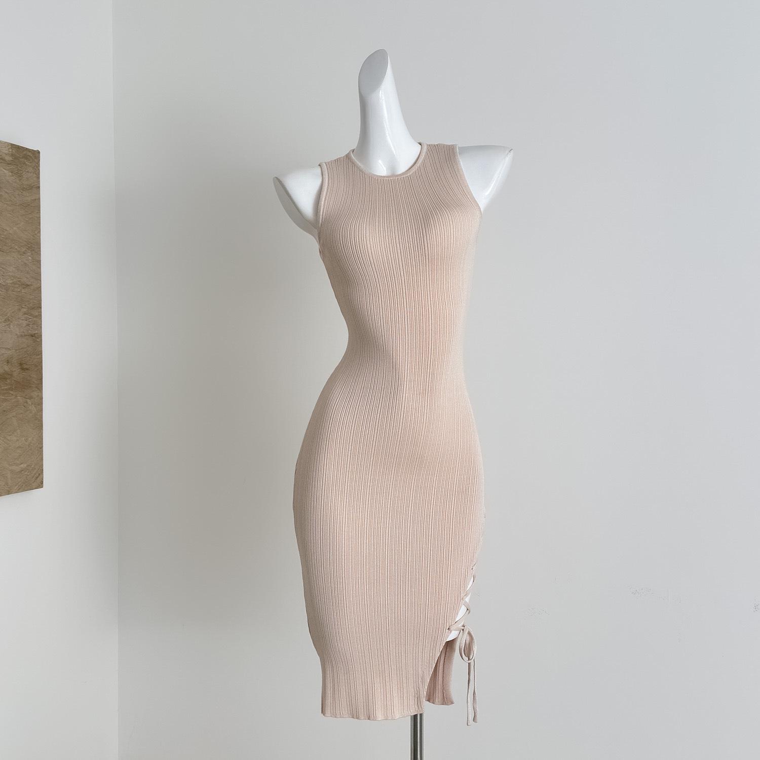 

DFA Sweet Peach Strappy Knit Dress - Slimming & Elegant for Spring & Autumn XS