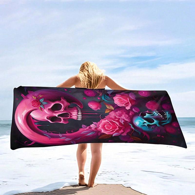 Serviette de Plage Motif Crâne Rose & Bleu Rose Protection Solaire et Coupe-Vent Convient pour Piscine Camping Voyage Couverture