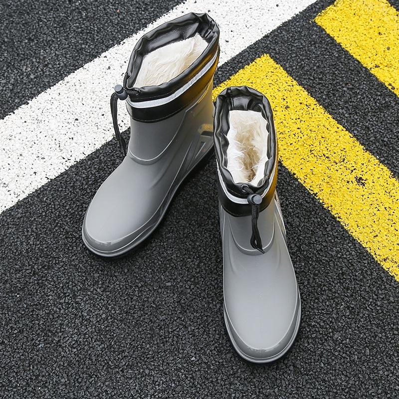 Winter Warm Fur Rain Boots Men's Waterproof Drawstring Shoes Non-Slip Flat Fashion Take Out Rider Autumn Summer Spring Black Red