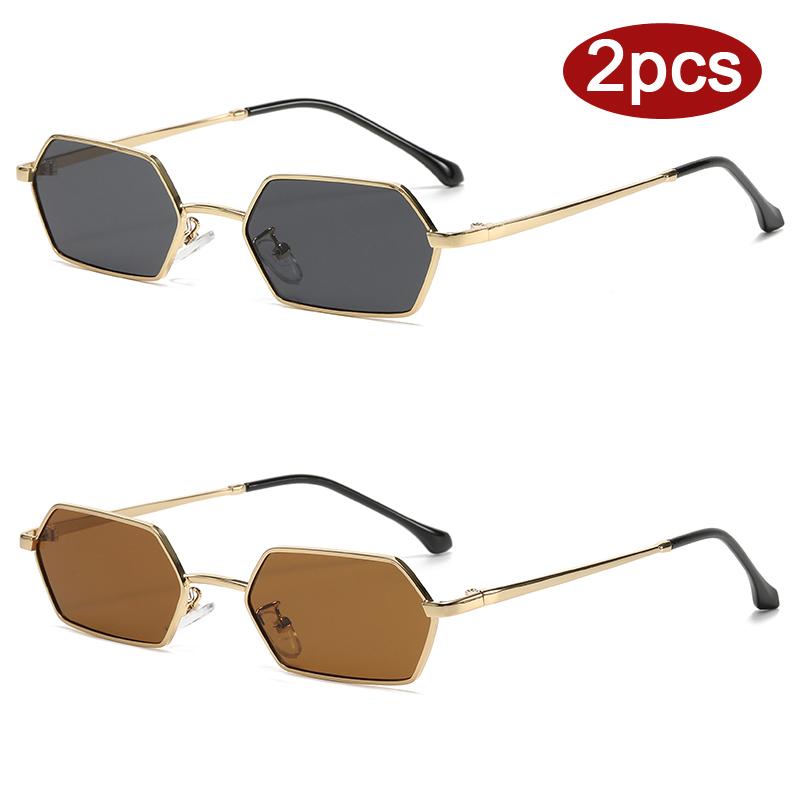 Protective Glasses 2pcs Fashion Small Rectangle Women Sunglasses Polygon Design Sun Glasses Colorful Lens Metal Frame Shades