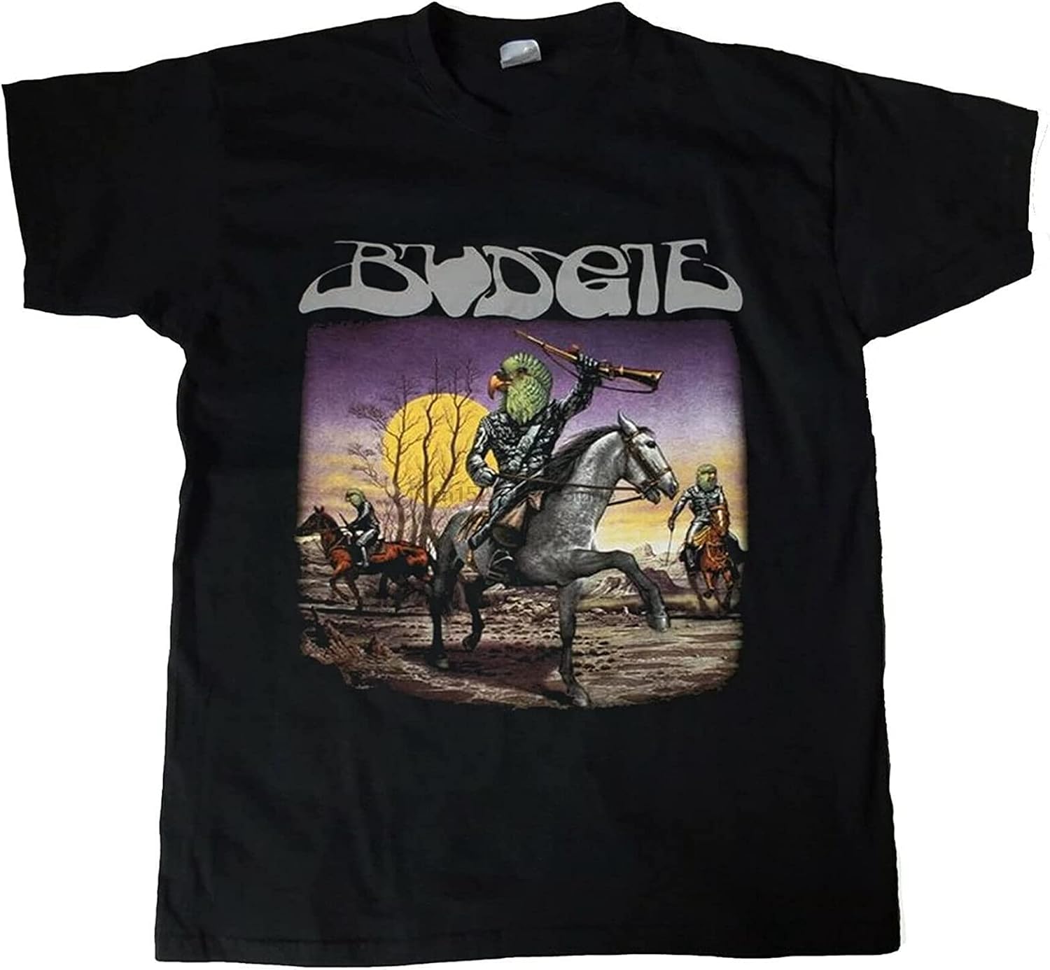 Budgie Bandolier 1975 Album Cover T Shirt Printed Black Graphic Top Tee for Men L чёрный