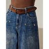 Juzhi Annakou Women's 100% Cotton Irregular Rhinestone Curved Denim Jeans