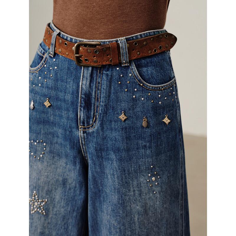 Juzhi Annakou Women's 100% Cotton Irregular Rhinestone Curved Denim Jeans