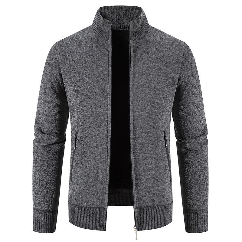 New Velvet Sweater Cardigan Men Stand Collar Mens Sweaters Fleece Thick Warm Knitted Sweater Coat Solid Zipper Pocket Cardigan