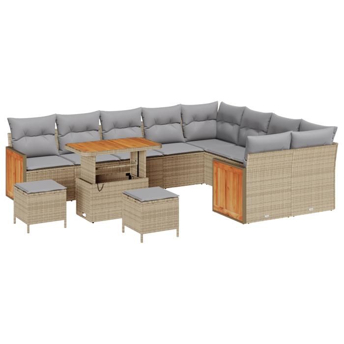 Canapés de Jardin 12 Pièces avec Coussins Beige en Rotin Poly Acacia, Salle à Manger de Jardin 3 Pièces avec Coussins Beige 3365297
