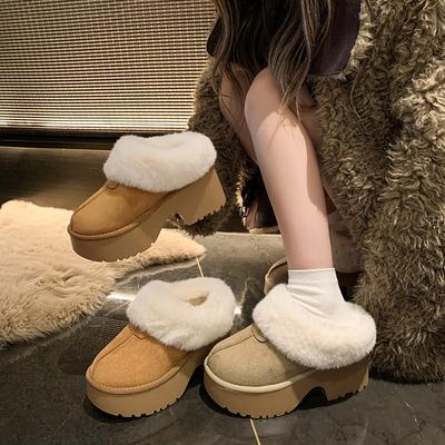 Botas de Neve de Tornozelo de Plataforma com Pelo Mulher Sapatos Salto Alto Chelsea Inverno Pelúcia Quente Plataformas Grossas Tendência 2024 Casual Camurça Botas Mujer