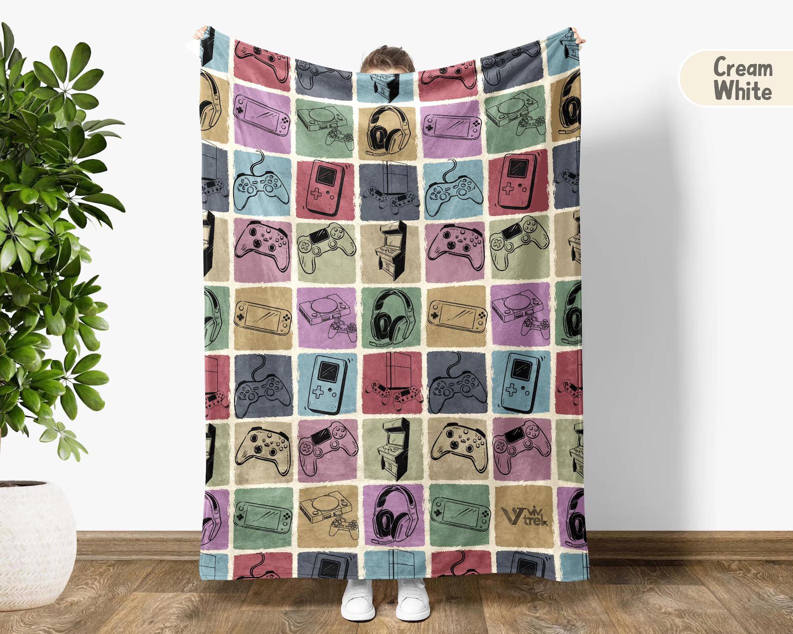 

Flannel Blanket Video Game Theme with Retro Gaming Icons Keep Calm Game on Warm Throw for Sofa Bed Office Ideal Gift for Gamers 130x150cm