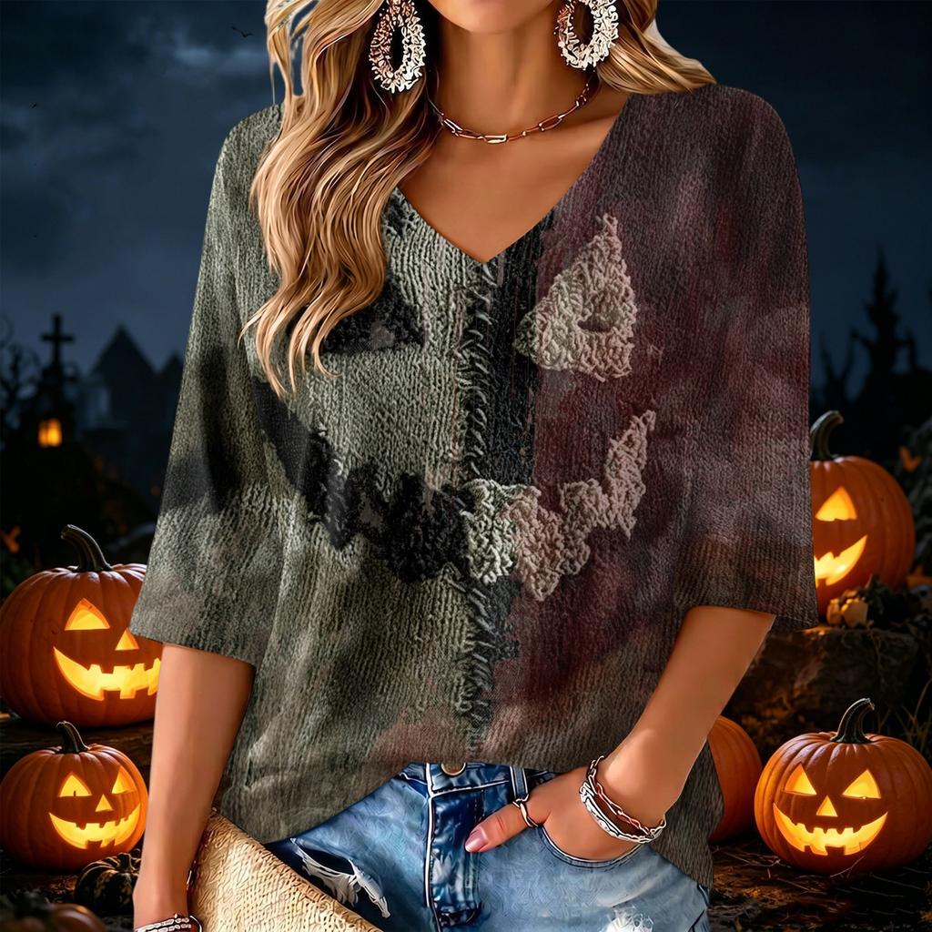 Women's V-Neck Halloween Print Lightweight Blouse for Spring and Summer