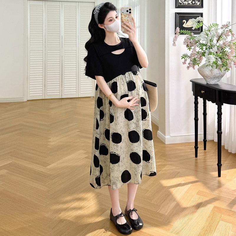2026 Summer Short Sleeve Korean Maternity Dress: Stylish Patchwork, Loose Fit, Two-Piece Look, Trendy Belly Cover for Moms