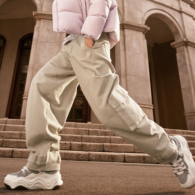 FILA Original Solid Color Outdoor Casual Sports Straight Leg Mid Rise Zipper Cargo Loose Fit Multi Pocket Work Pants Women pants Khaki F51W449801F-LK