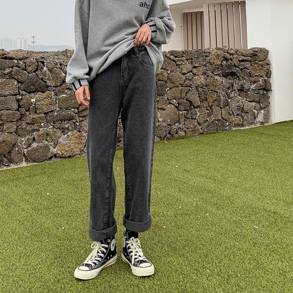 Versatile personalized high-waisted denim wide-leg pants women's loose and thin 2025 autumn and winter new straight jeans