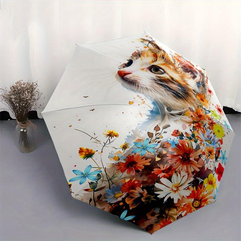 1pc Adorable Orange Cat & Flower Design Durable Cartoon Folding Umbrella, Portable 3-Fold Compact Umbrella for Men and Women, Suitable for Travel