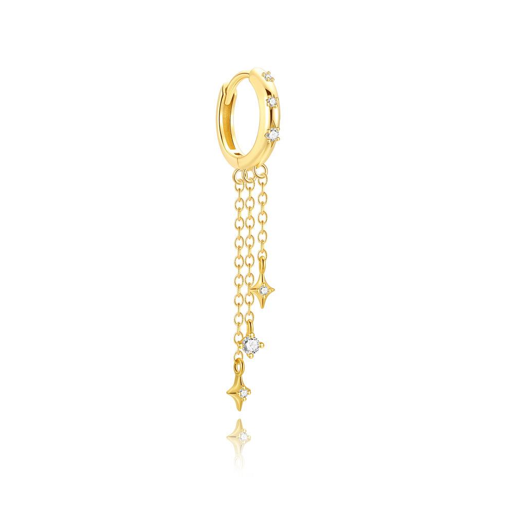 Factory Cheap 925 Sterling Silver Star Clover Zircon Long Tassel Chain Gold Plated Dangling Hoop Earrings for Women