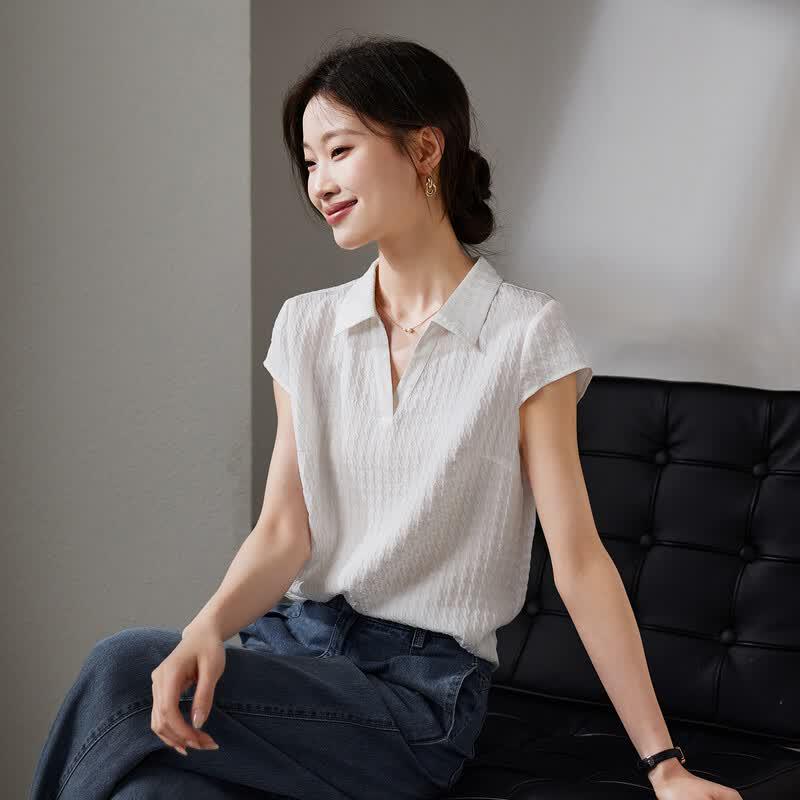 SOFSIL Women s Simple Lapel Short Sleeve Silk Shirt XL