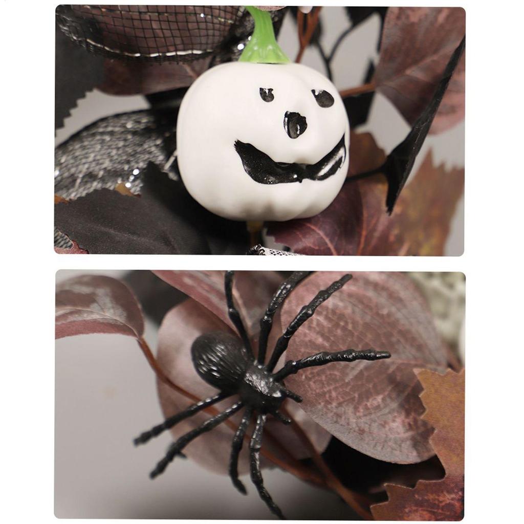 Läskig Halloweenkrans Konstgjord lönnlövsgirlang Spindel Pumpa Spöke Festlig krans 16 tum För kök Veranda Utomhus