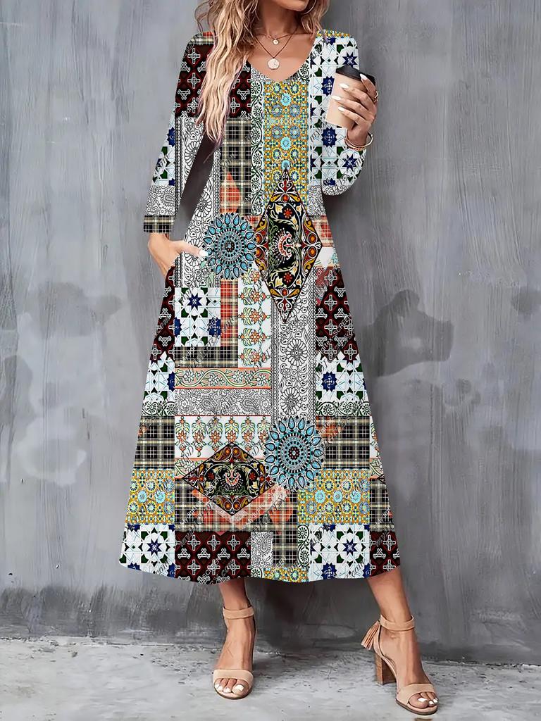 2025 Herbst und Winter Neues Damen Casual Modekleid 3D Retro Musterdruck Langarm V-Ausschnitt A-Linien-Kleider