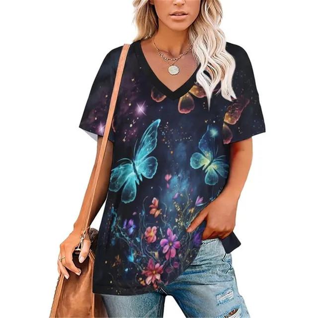 Sexy Katze Blumenmuster V-Ausschnitt Vintage T-Shirt Teenager T-Shirts Unisex Kleidung Vintage Streetwear Alltagsstil Mode Streetwear Y2k Tops