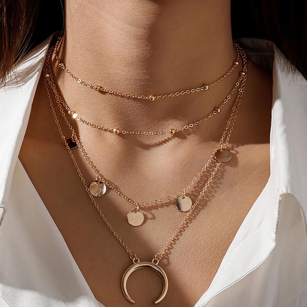 Boho Star Moon Heart Snake Sequin Pendant Necklace Ladies Multilayer Gold Metal Clavicle Necklaces Girls Jewelry