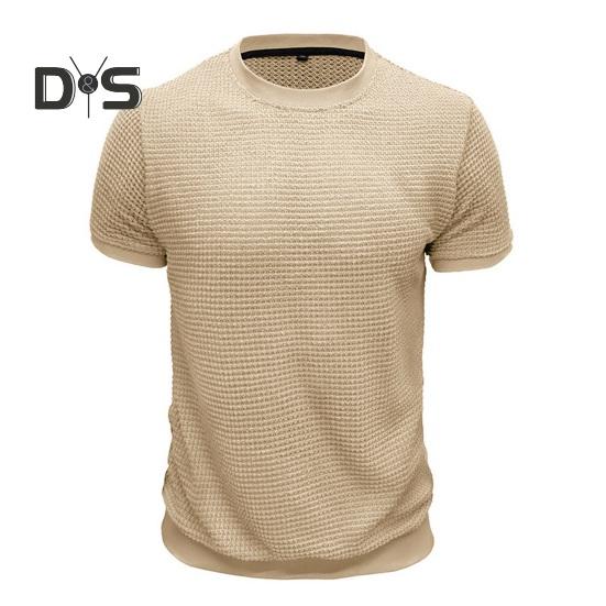 Summer Men Tops Knitted Round Neck Short Sleeves Solid Color Ribbed Elastic T-shirt Slim Fit Pullover Casual Daily Clothes
