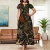 Women Plus Size Round Neck Keyhole Cutout Short Sleeve Leaves Printed Maxi Dress