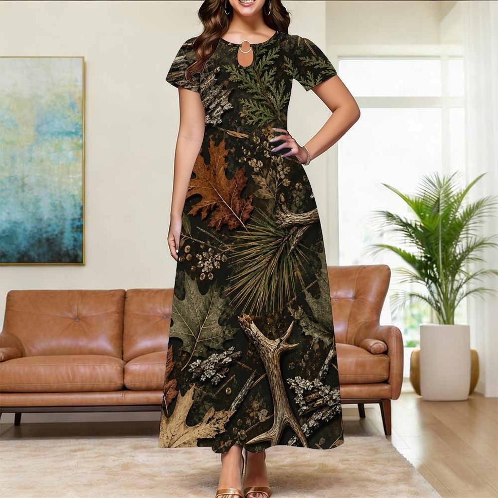 Women Plus Size Round Neck Keyhole Cutout Short Sleeve Leaves Printed Maxi Dress