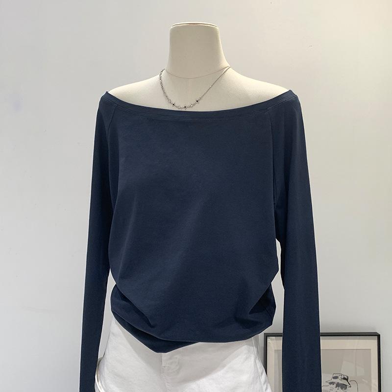 Women's Off-Shoulder Black Cotton Long-Sleeve T-Shirt, 2025 Spring/Autumn/Winter Collection