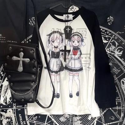 T-shirt mi-long imprimé Kawaii, col rond, manches longues, ample, Y2k, nouvelle collection automne 2024, sweat à capuche pour femme