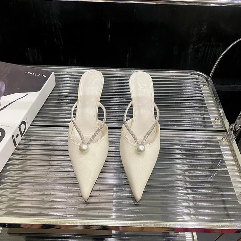 

Летние женские туфли-мюли с острым носком, модные шлепанцы со стразами, женские вечерние туфли на высоком каблуке с открытой пяткой 38 бежевый