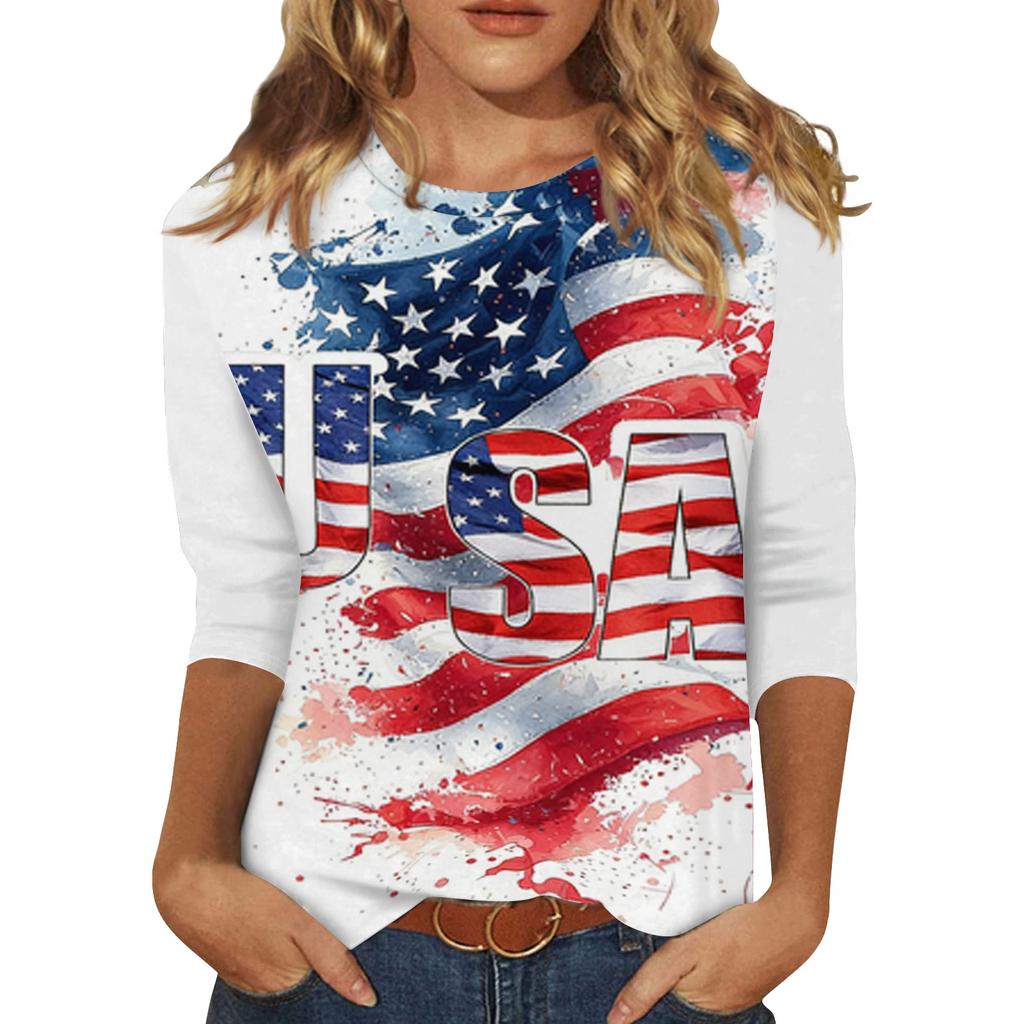 Women's Fashionable Casual Independence Day Flag and Stars Print Neck Three-Quarter Sleeve T-Shirt Top
