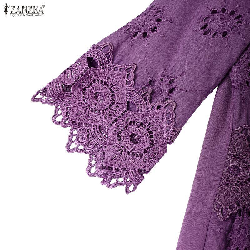 ZANZEA Women Casual Round Neck 3/4 Sleeve Loose Patchwork Lace Dress